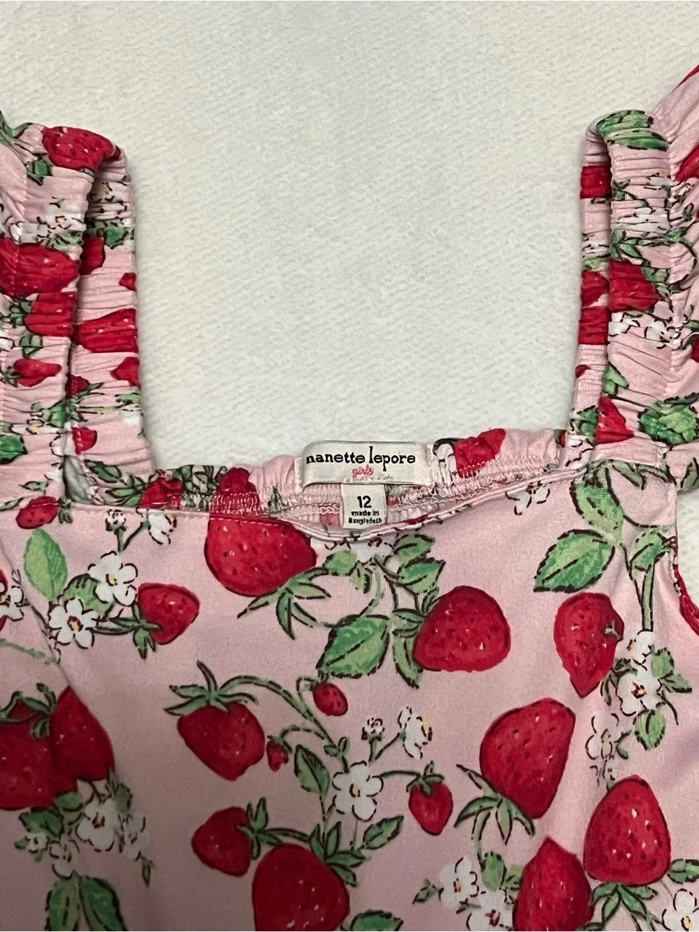 Nanette Lepore Girls Strawberry Print Dress Size 12 Pink Flutter Sleeve Summer